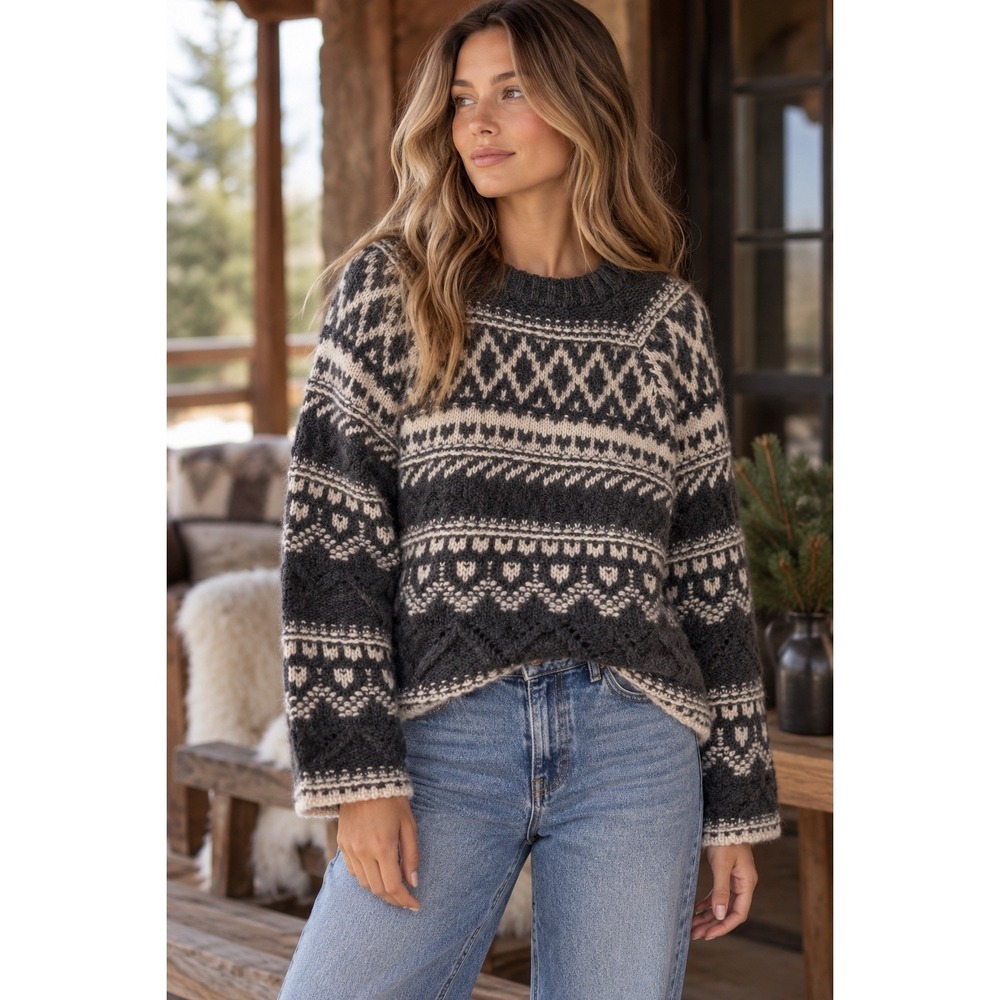 Sanctuary Fair Isle Knit Sweater Relaxed Crew Neck Gray Cream Size Small